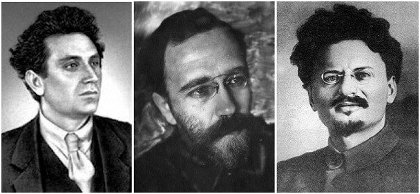  Опозиционна тройка отляво на дясно: Зиновиев, Каменев, Троцки Снимка: https://zen.yandex.ru 